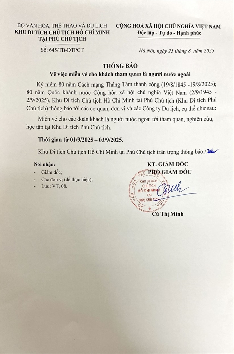 Thông báo về việc miễn vé cho khách tham quan là người nước ngoài từ 01/9-03/9/2025