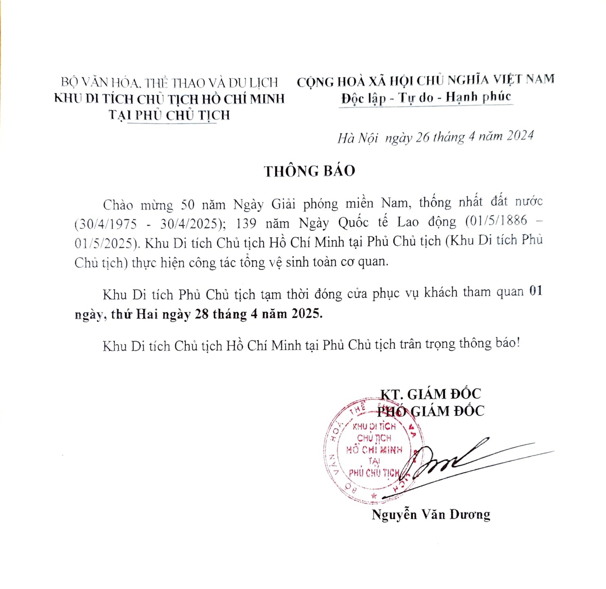 Thông báo tạm thời đóng cửa ngừng phục vụ khách tham quan ngày 28/4/2025