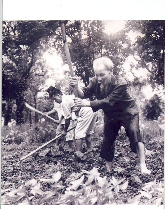 Chủ tịch Hồ Chí Minh đang tham gia cuốc đất trồng cây trong vườn Phủ Chủ tịch (1957)